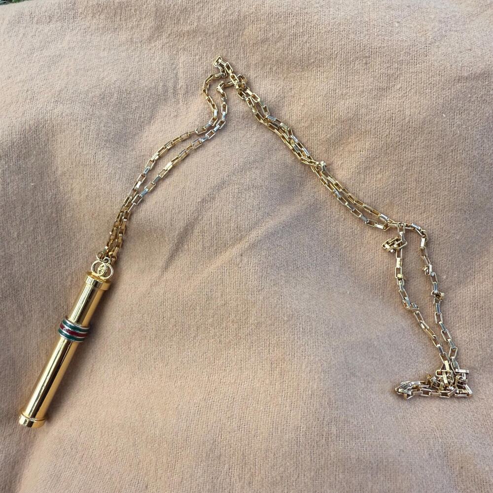 Vintage Gucci Golden Stick Perfume Bottle Necklace Webbing Green Red Sherry Line - Picture 11 of 11
